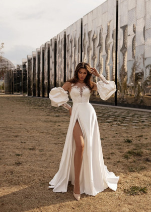 Beaded Ivory Lace Satin Wedding Dress With Detachable Puff Sleeves Beaded Ivory Lace Satin Wedding Dress With Detachable Puff Sleeves